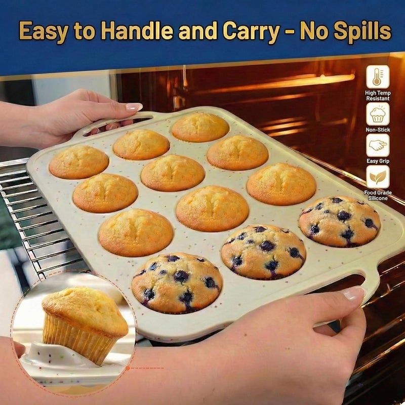BAKE BOSS Regular Size 12 Cup Silicone Muffin Pans for Baking with Metal-Reinforced Handles – Nonstick Silicone Cupcake Pan, Easy-Release, BPA-Free Muffin Tray, Oven & Dishwasher Safe – 1 PACK - Cream - Image 4